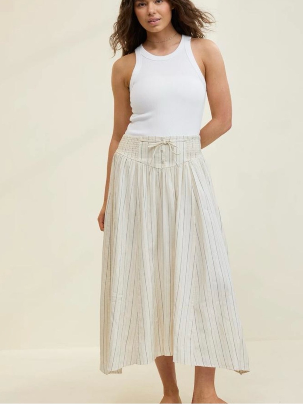 aerie Cream Striped Maxi Skirt with Smocked Waist L